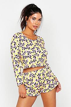 Boohoo Lemon Print Frill Shorts Set