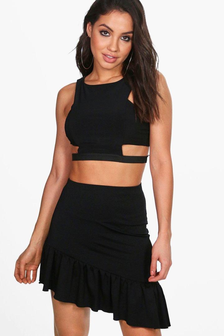 Boohoo Inga Asymetric Ruffle Hem Mini Skirt Black