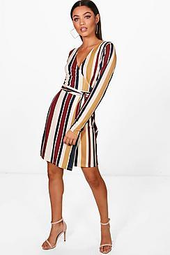Boohoo Saige Stripe Long Sleeve Wrap Dress