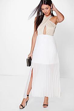 Boohoo Layla Cross Over Top Detail Pleated Maxi Dress