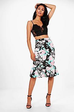 Boohoo Amy Floral Drop Hem Midi Skirt