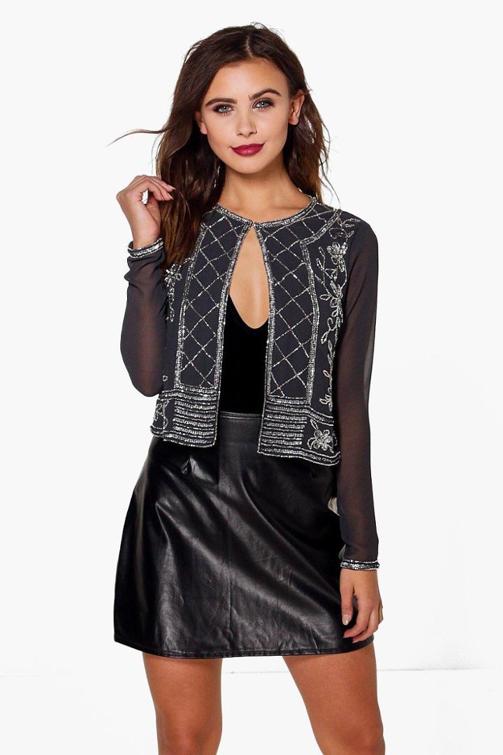 Boohoo Petite Ella Embellished Trophy Jacket Grey
