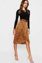 Boohoo Leopard Satin Wrap Midi Skirt
