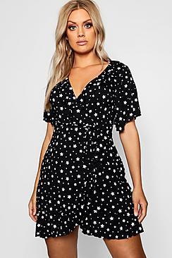 Boohoo Plus Star Ruffle Wrap Skater Dress