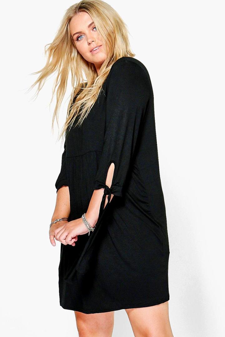 Boohoo Plus Saskia Tie Detail Smock Dress Black
