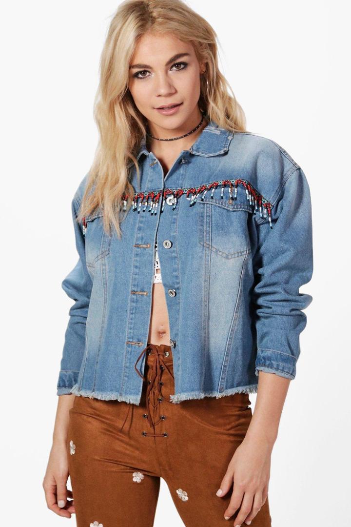 Boohoo Florence Beaded Tassel Oversized Jean Jacket Blue
