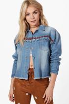 Boohoo Florence Beaded Tassel Oversized Jean Jacket Blue