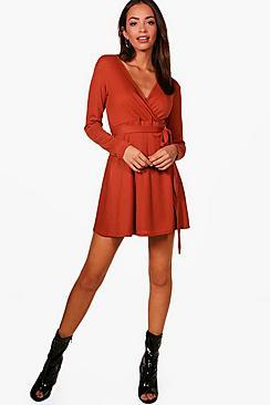 Boohoo Jess Ribbed Wrap Front Long Sleeve Skater Dress