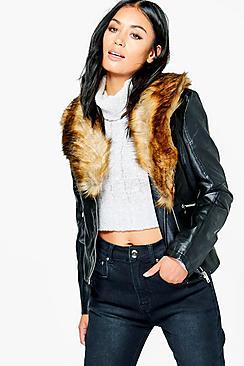 Boohoo Sophie Faux Leather Jacket With Faux Fur Collar