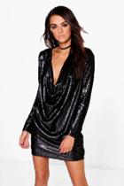 Boohoo Lia Sequin Cowl Front Long Sleeve Shift Dress Black