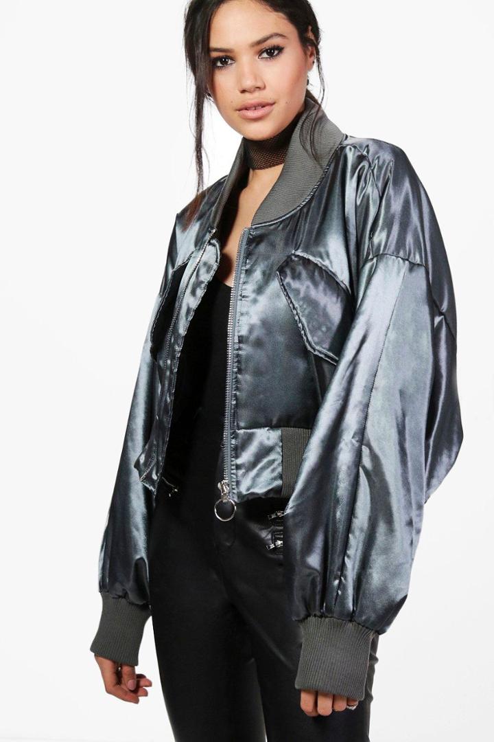 Boohoo Lottie Oversized Cropped Ma1 Bomber Jacket Grey