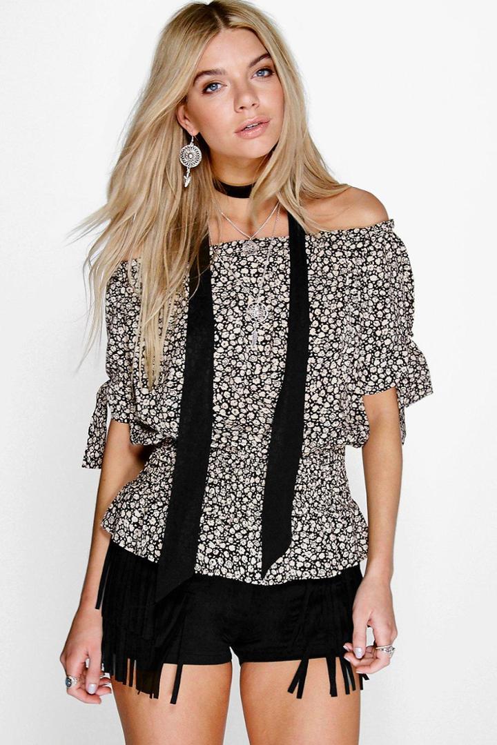 Boohoo Paige Tie Sleeve Printed Off The Shoulder Top Black