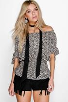 Boohoo Paige Tie Sleeve Printed Off The Shoulder Top Black