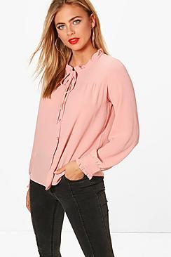 Boohoo Tie Neck Ruffle Detail Shirt