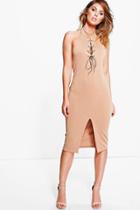 Boohoo Hannah High Neck Tie Detail Midi Dress Camel