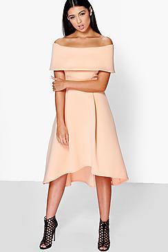 Boohoo Rella Off The Shoulder Dip Hem Skater Dress