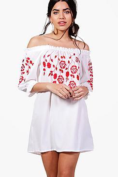 Boohoo Belle Off Shoulder Embroidered Shift Dress