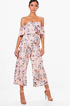 Boohoo Gracie Floral Print Off Shoulder Culotte Jumpsuit