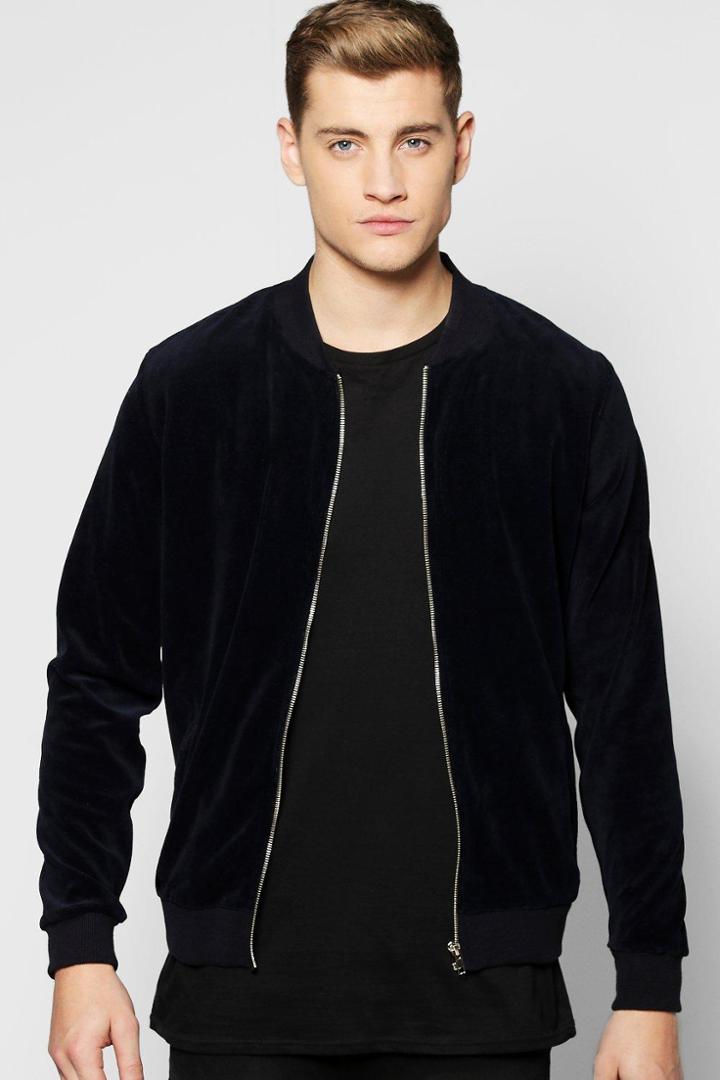 Boohoo Velour Bomber Jacket Navy