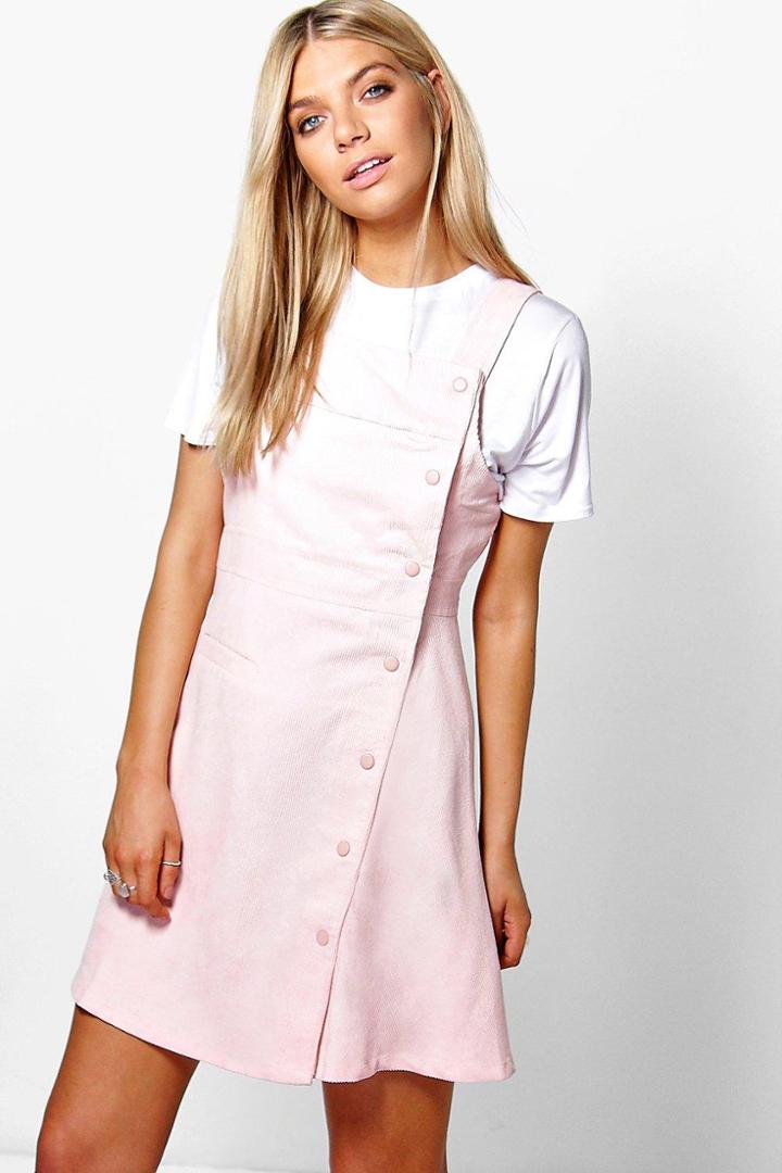 Boohoo Rebecca Ribbed Mini Pinafore Dress Nude