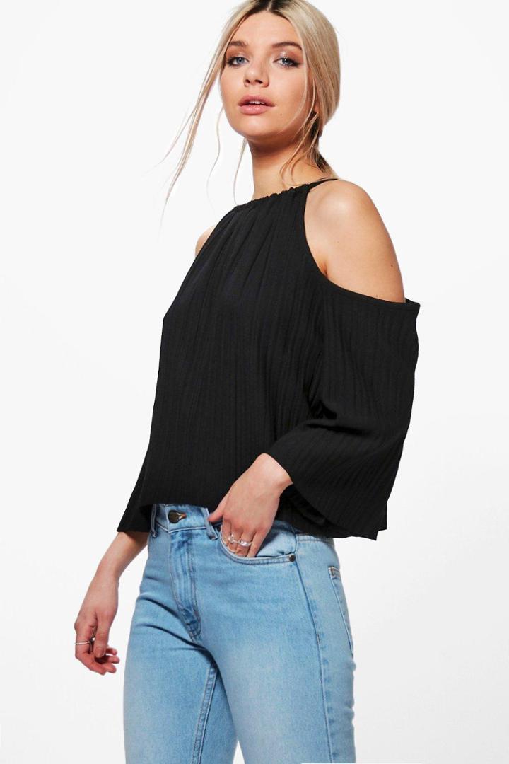 Boohoo Callie Pleated Cold Shoulder Tie Top Black