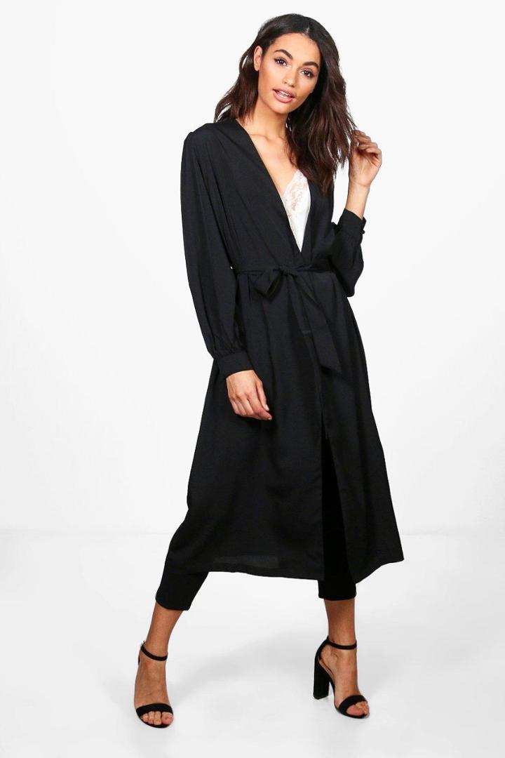 Boohoo Ashleigh Balloon Sleeve Belted Duster Black