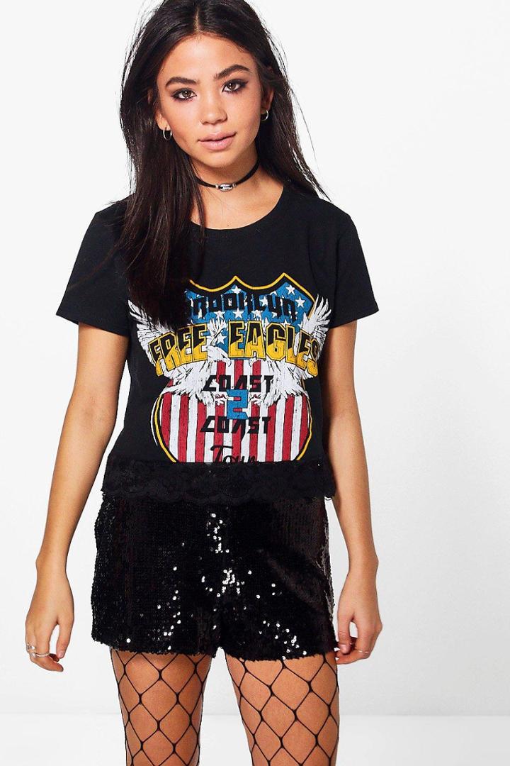 Boohoo Hope Printed Band Lace Trim Crop Tee Multi