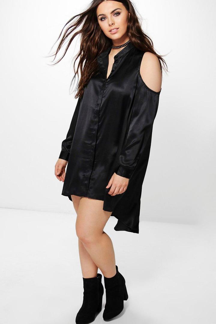 Boohoo Plus Katie Open Shoulder Satin Dress Black