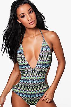 Boohoo Argentina Zig Zag Jacquard Cut Out Swimsuit