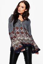 Boohoo Helen Border Print Lace Up Front Blouse