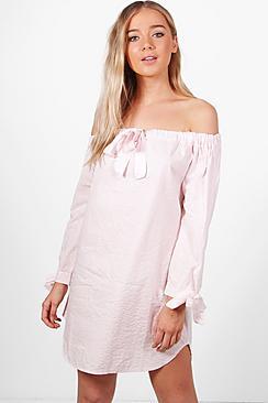 Boohoo Lottie Off The Shoulder Striped Tie Front Dress