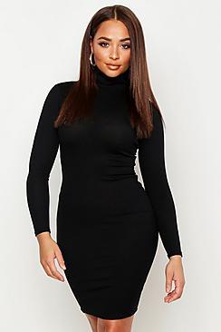 Boohoo Rib High Neck Long Sleeve Bodycon Dress