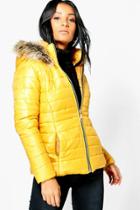 Boohoo Sarah Faux Fur Hood Quilted Jacket Mustard
