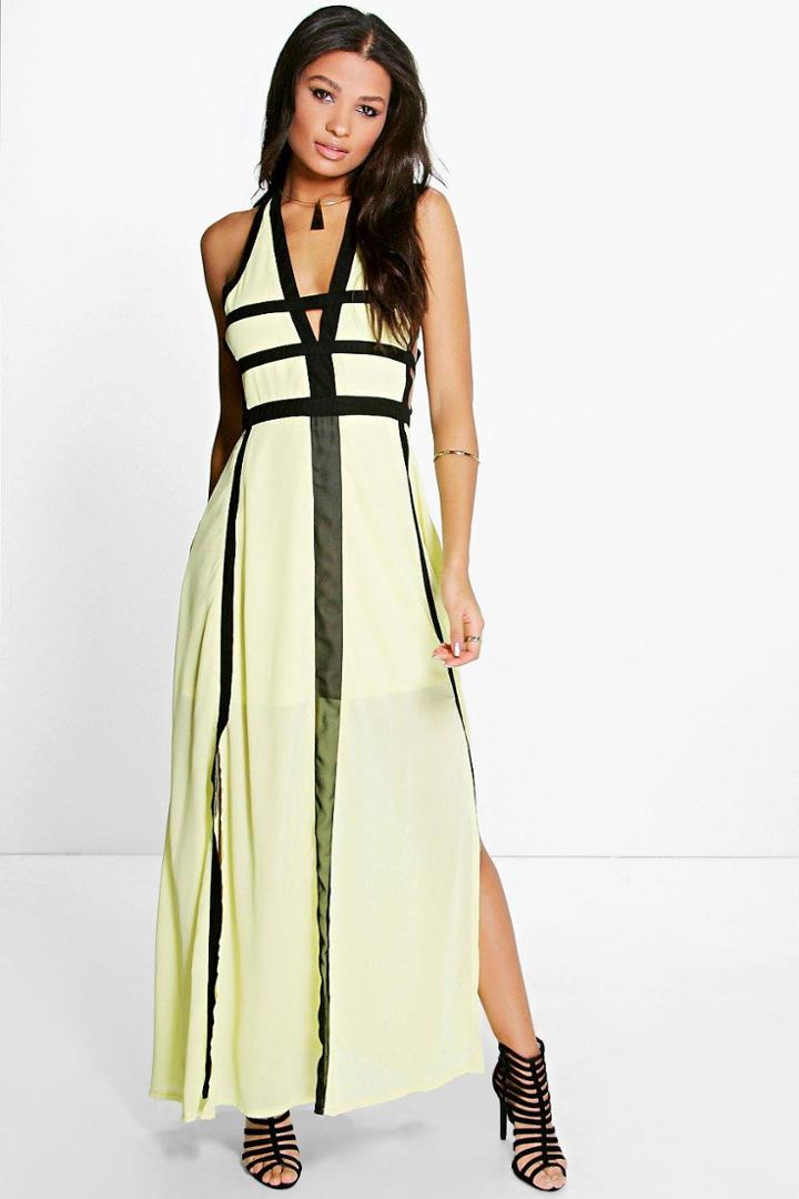 Boohoo Trixie Contrast Panel Cut Out Detail Maxi Dress Lemon