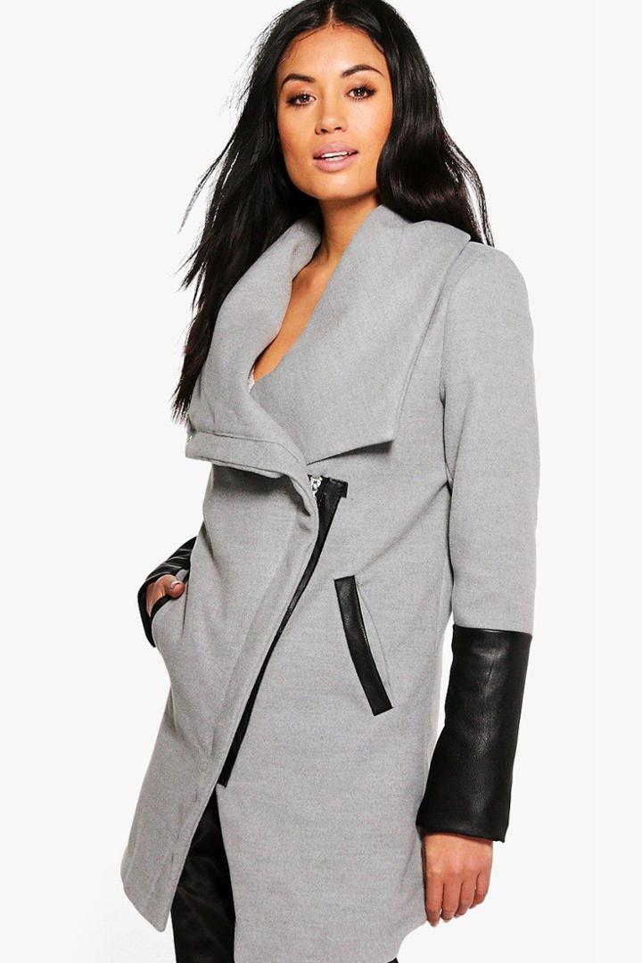 Boohoo Eve Wrap Pu Sleeve Coat Grey