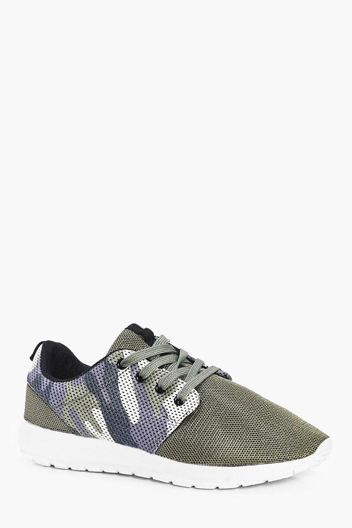 Boohoo Camo Mesh Runner Trainers Khaki