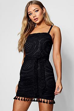 Boohoo Jas Tassel Trim Crochet Lace Shift Dress