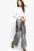 Boohoo Grace Satin Wrap Top & Wide Leg Trouser Co-ord White