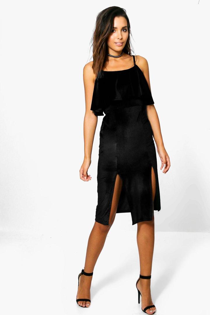 Boohoo Maddie Velvet Frill Strappy Midi Dress Black