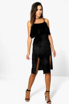 Boohoo Maddie Velvet Frill Strappy Midi Dress Black