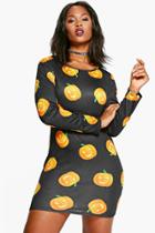 Boohoo Plus Esme Pumpkin Print Halloween Bodycon Dress Multi