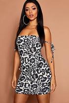 Boohoo Leopard Skinny Strap Off The Shoulder Dress