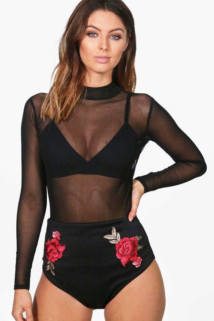 Boohoo Danielle Embroidered Hot Pant & Mesh Body Co-ord Set Black