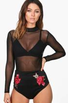 Boohoo Danielle Embroidered Hot Pant & Mesh Body Co-ord Set Black