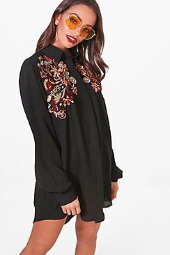 Boohoo Jal Embroidered Shoulder Woven Shirt Dress