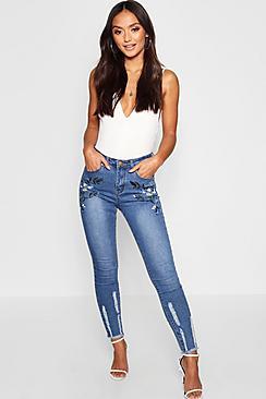 Boohoo Petite High Rise Embroidered Fray Hem Skinny Jean