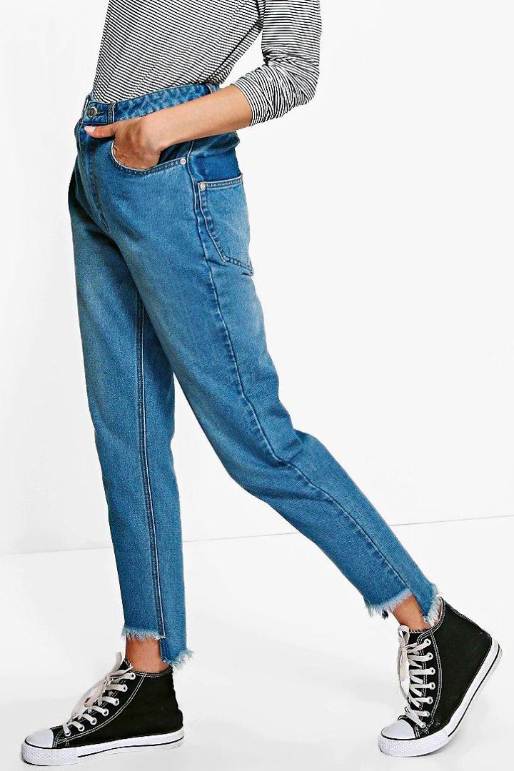 Boohoo Emily Displaced Pocket Step Hem Mom Jeans Blue