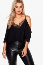 Boohoo Plus Dani Lace Trim V Neck Cold Shoulder Top Black