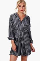 Boohoo Corset Lace Up Waist Stripe Shirt Dress