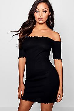 Boohoo Petite Nina Lettuce Hem Bardot Dress